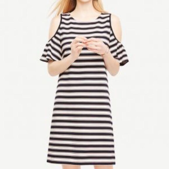 Ann Taylor Navy Pink Striped Cold Shoulder Dress - Picture 1 of 6